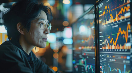 Poster - An Asian stock trader is looking at the computer monitor by the window with stock change curve on it. Generative AI.