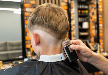 The picture of a blonde child with blue eyes and freckles is in a barbershop beauty salon. The miller holds a milling trimmer in his hand.