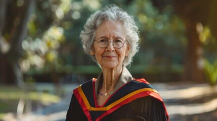 BEAUTIFUL GRANDMOTHER WITH GRADE TOGA at her graduation with blurred daytime background in high resolution and high quality. graduation concept