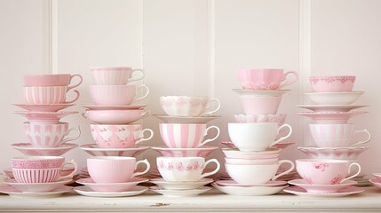 Wall Mural - teacups pink and white background