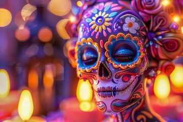 A sugar skull with colorful eyes and a bright background.