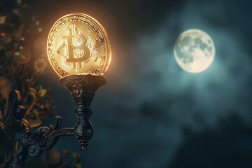 Wall Mural - Zoomed-in image of a Bitcoin coin superimposed on a night sky background with a glowing full moon  