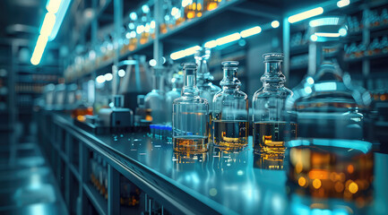 Poster - Fantasy Art of Laboratory glassware with chemical liquid in scientific laboratory. Generative AI.