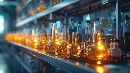 Poster - Fantasy Art of Laboratory glassware with chemical liquid in scientific laboratory. Generative AI.