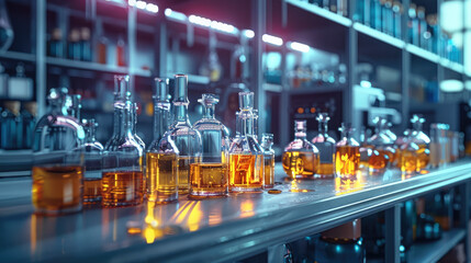 Poster - Fantasy Art of Laboratory glassware with chemical liquid in scientific laboratory. Generative AI.
