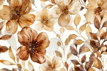 Wall Mural - Seamless watercolor floral pattern with brown and white flowers on white background, elegant and delicate design for prints and textiles