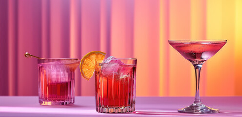 Cocktails with elegant modern cosmopolitan and martini fancy glasses. colors are pink and purple Include ample negative space and vibrant simple color. Generative AI.