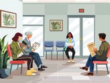 Fototapeta  - Patients in a waiting room reading informational brochures about skin cancer. 
