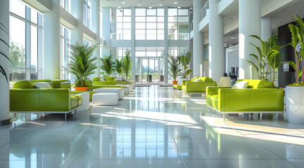 Fototapete - A well lit open plan office with green furniture. Generative AI.