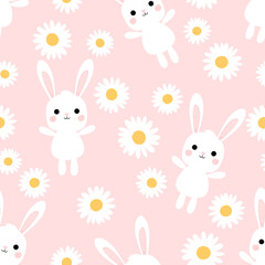 Sticker - Seamless pattern with bunny rabbit cartoons and daisy flower on pink background vector.