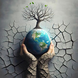 Fototapeta Do pokoju - Human hand holding earth. Leafless tree dry , cracked land  Global Warming nature disaster concept.