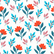 Summer seamless botanical pattern with bright plants and flowers on a light white background. Seamless pattern with colorful leaves and plants. Leaves in bright colors.