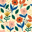 Summer seamless botanical pattern with bright plants and flowers on a beige background. Printing and textiles.  Seamless botanical pattern with plants. Beautiful exotic plants. 