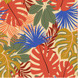 Abstract seamless tropical pattern with bright plants and leaves on a beige background. Seamless exotic pattern with tropical plants. Tropic leaves in bright colors.
