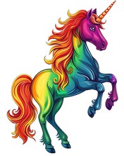 A Majestic Unicorn With A Rainbow Mane And Tail. It Is Standing On Its Hind Legs And Looking To The Left. The Background Is White.