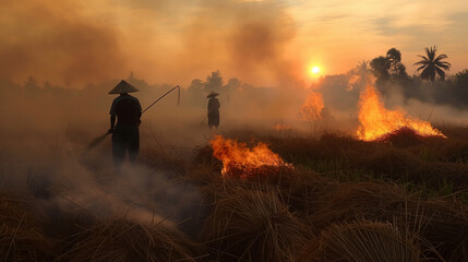 farmers are burning straw after harvesting rice in the fields. burning rice straw causes air polluti