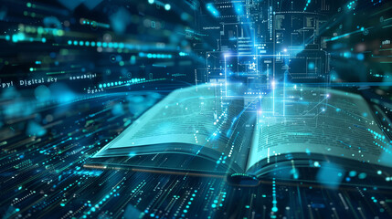 Poster - symbolizing Digital Literacy with an open book merging seamlessly with digital interfaces, highlighting the integration of traditional and modern learning.