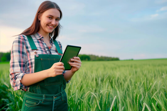 Young Farmer Using Tablet in Green Field. Smiling young woman in overalls using a digital tablet in a lush green wheat field during sunset.