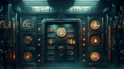 Poster - representing Digital Assets as a vault filled with various digital currencies, cryptocurrencies, and valuable data.