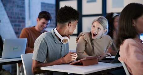 Aufkleber - African man, tablet and surprise with results in classroom for online, learning and development. Male student, tech and wow in education, group or exam in shock for project at school or university