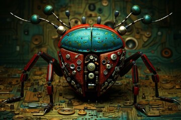 Poster - glitchy software bug robot. virus sign. generate ai