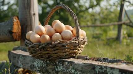 Wall Mural - basket filled with farm-fresh eggs resting on a wooden fence