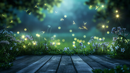 Lush grass and bush in garden with wood plank floor and fireflies at night, summer and spring time theme background.