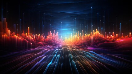 Wall Mural - A colorful, abstract cityscape with buildings of different heights and colors. The sky is blue and the ground is dotted with colorful lines. Concept of movement and energy