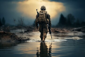 Wall Mural - Tranquil Soldier water river. Force tactical. Generate Ai