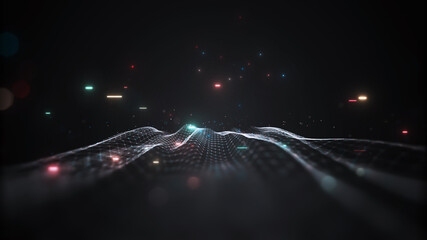 Fototapete - Digital technology concept data wave flow polygons connecting dots lines on a dark black background. Internet of things