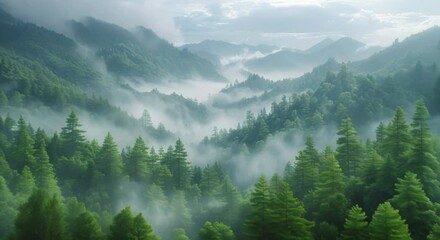 Wall Mural - Misty mountain view from within a magical forest