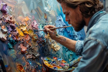 Poster - An artist meticulously brings an abstract canvas to life using a palette of vivid colors and brush strokes