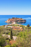 Fototapeta Uliczki - Beautiful Mediterranean landscape. Montenegro, Adriatic Sea. View of the Sveti Stefan Island