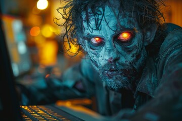 Poster - A mysterious figure is captured typing intently on a backlit keyboard in a dark, atmospheric setting, face obscured