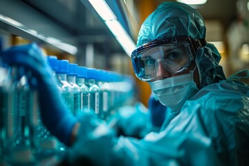 Poster - Technological, medical laboratory work, a scientist in protective gear inspects vials, blue ambient light highlights the sterile environment