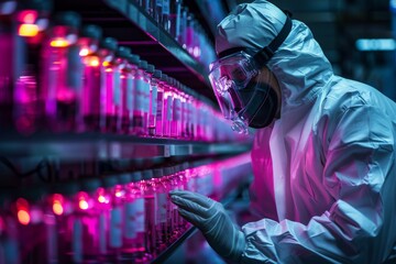 Poster - A researcher in a hazmat suit focuses on pink-colored liquid vials in a dimly lit high-tech laboratory setting
