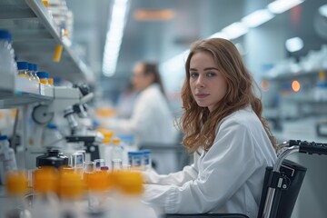 Poster - Female scientist in a white lab coat seated with a microscope in a modern laboratory setting