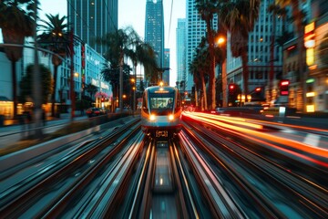 Poster - the image captures the intense speed of urban life with a tram in motion, surrounded by city lights 