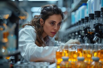 Poster - Intently focused scientist with microscope observing vials and samples in a laboratory