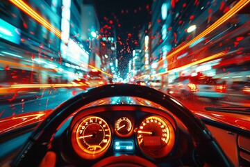 Poster - Thrilling perspective of driving at high speed through vivid city lights, showcasing a sense of motion and energy