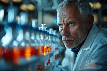 Poster - An obscured portrait of a scientist focused on research surrounded by laboratory equipment