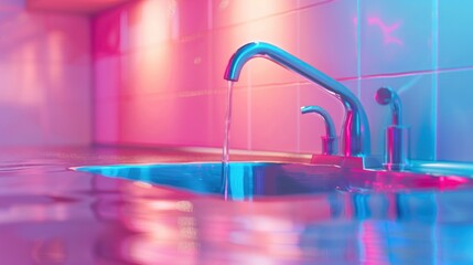 The kitchen faucet is made of stainless steel, and the scene is inside with a gradient background and stereo photography lights. --ar 16:9 Job ID: 8406b36e-8fad-49e0-ada8-6155dde88541