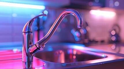 The kitchen faucet is made of stainless steel, and the scene is inside with a gradient background and stereo photography lights. --ar 16:9 Job ID: e3aa6b70-be18-47ee-a7e9-8f872feb4b5b