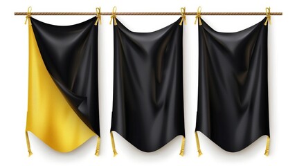 Poster - Template for vinyl banners, canvas posters hanging with ropes. Modern realistic set of black and yellow fabric advertising streamers. Sample of empty textile placards isolated.