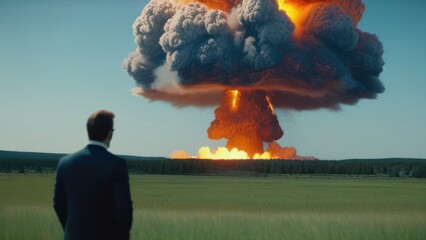 Back view of a man looking an enormous nuclear explosive mushroom cloud in the sky. Nuclear war