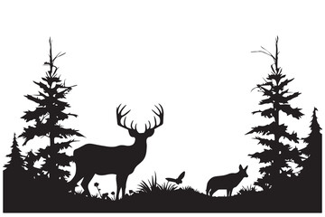 Naklejka na meble Black silhouette Vector forest and sum deer and bird white background