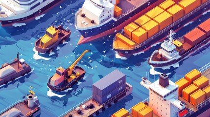 Isometric modern poster with illustrations of cars, vans, motor boats, and ocean tankers with containers.