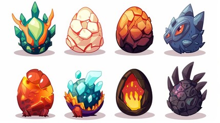 Wall Mural - This set of cartoon dragon eggs features different textures, as well as dinosaurs, reptiles, and monsters made from ice crystal, stone, or magma.