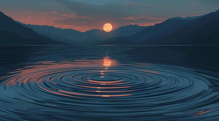 Poster - The setting sun casts a warm glow over a calm mountain lake, causing gentle ripples in the serene scene