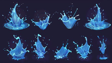 Poster - A splash of water sprite sheet for vfx animation. Stages of water splashing motion design elements. Cartoon blue ocean with drops and splatters, fx storyboard Modern illustration.